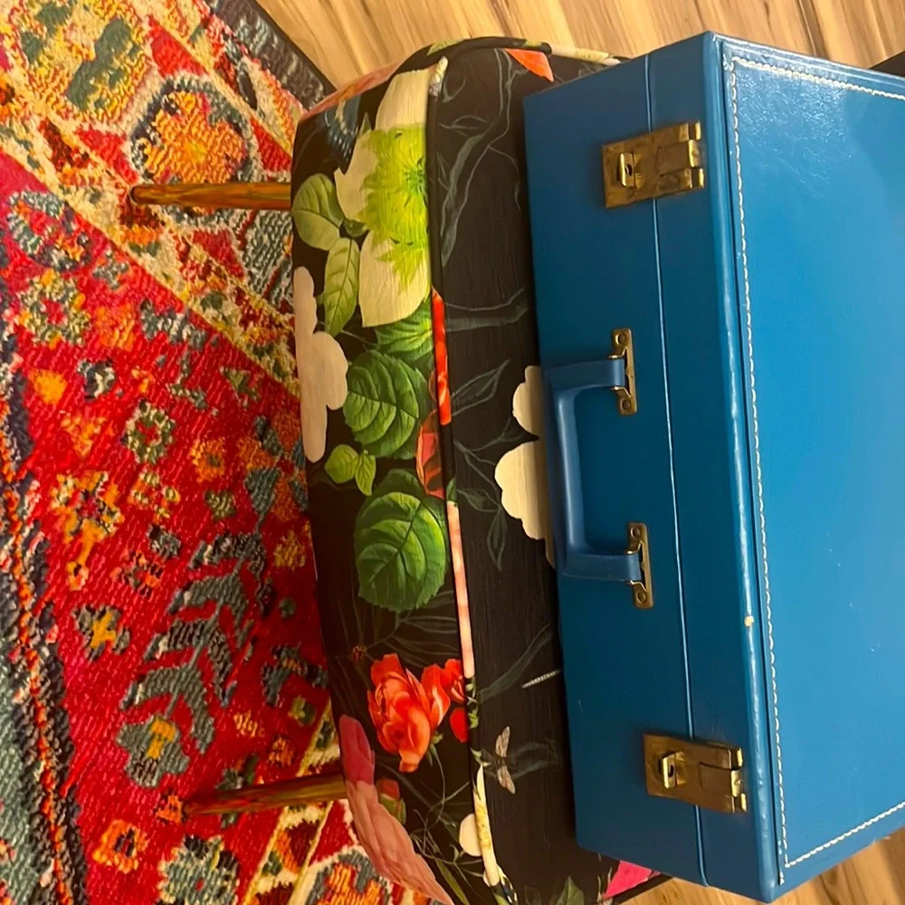 Antique briefcase portable bed for small pets! Purchased from Etsy.